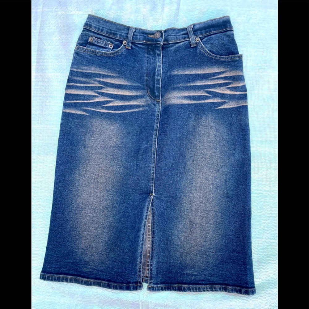 COMPACT VINTAGE FRONT SLIT WHISKERED DENIM/JEAN PENCIL SKIRT SIZE L MADE IN USA